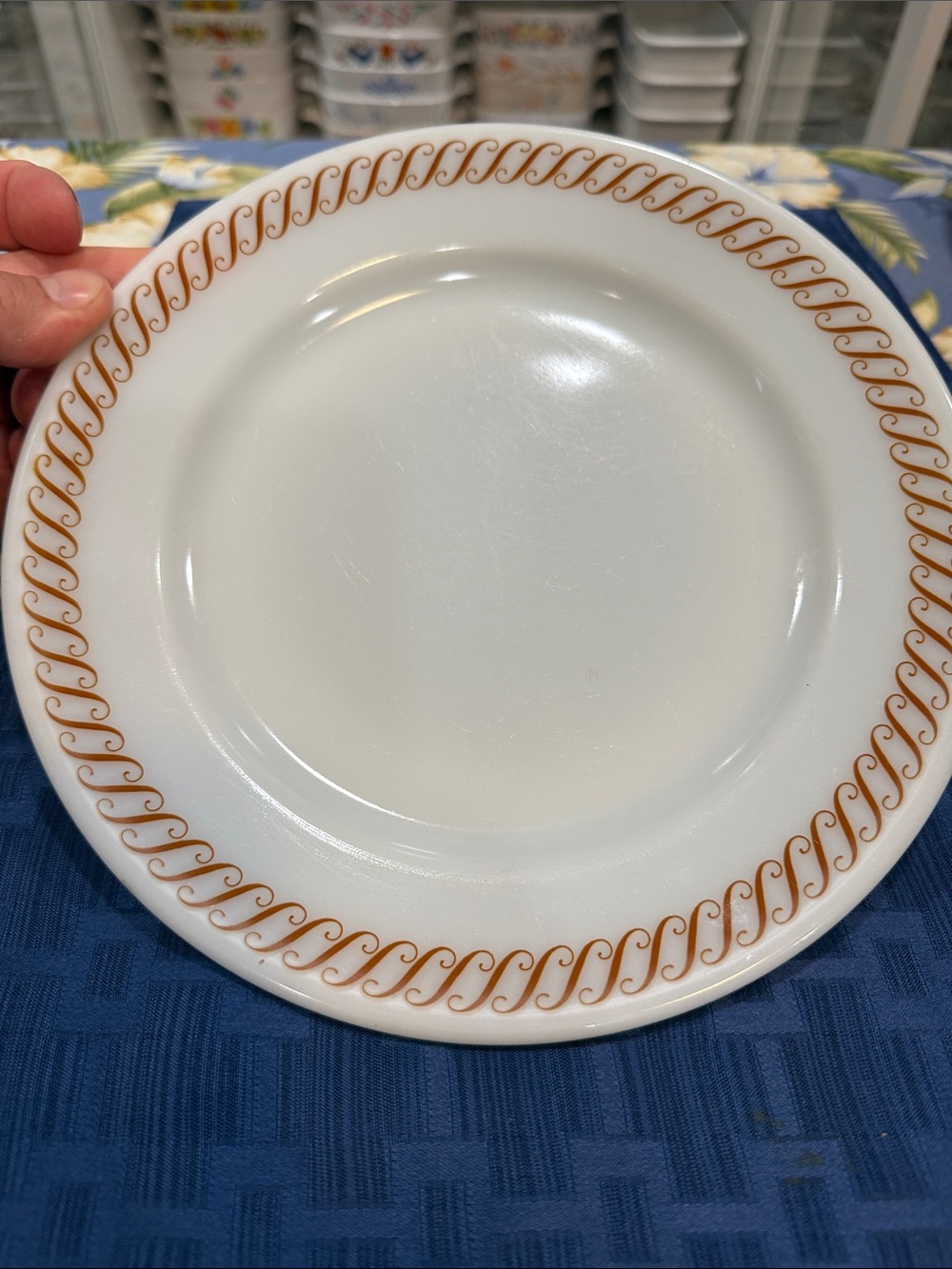 Pyrex Regency White Dinner Plate with Brown Scroll Border